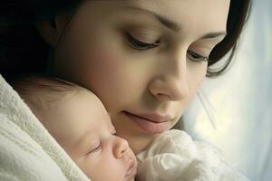 vicino su viso donna con neonato bambino , colore bianca ,generativo ai . foto
