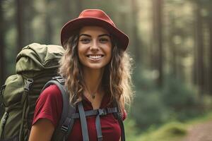 giovane donna escursioni a piedi e andando campeggio nel natura .generativo ai . foto