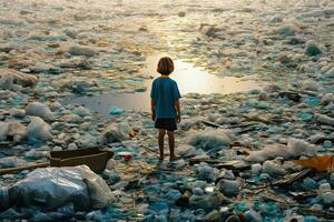 bambino guardare a un' lotto di plastica rifiuto nel il acqua, generativa ai . foto