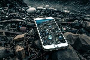smartphone rifiuto nel il spazzatura terra ,generativo ai foto