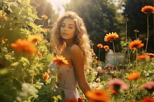 un' bellissimo donna godendo nel giardino fiori a il estate sole , copia spazio ,generativo ai foto