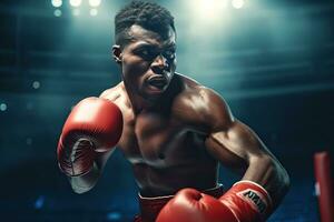 boxe africano giovane uomo nel azione su il stadio ,generativo ai. foto