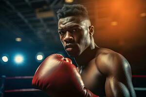 boxe africano giovane uomo nel azione su il stadio ,generativo ai. foto