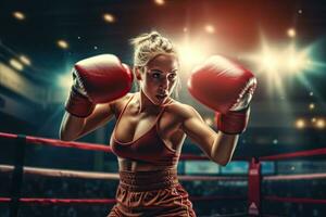 boxe giovane donna nel azione su il stadio ,generativo ai. foto