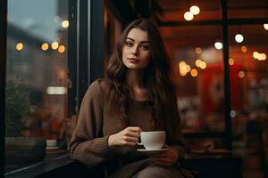 un' donna potabile caffè nel un' bar ,generativo ai foto