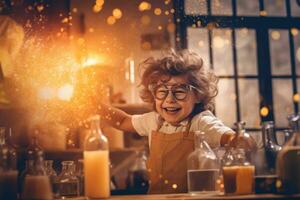 contento bambino giocando scienziato a interno ,generativo ai. foto