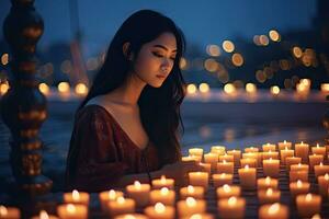 un' giovane donna Meditare su il terrazza di sua Casa circondato di candele a crepuscolo per Ottimizzare sua mentale Salute , generativo ai foto