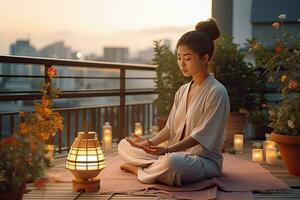 un' giovane donna Meditare su il terrazza di sua Casa circondato di candele a crepuscolo per Ottimizzare sua mentale Salute , generativo ai foto