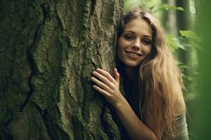 un' giovane donna bellissimo abbracciare un' albero con amore ,generativo ai. foto