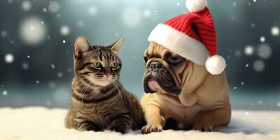 carino gatto e cane con un' Babbo Natale cappello nel il neve sfondo con spazio per copyspace,generativo ai. foto