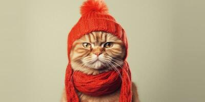 carino gatto vestito nel un' rosso sciarpa e cappello con spazio per , copia spazio ,generativo ai. foto