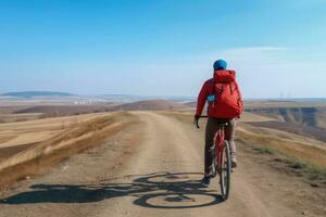 ciclista con un' rosso zaino su un' sfondo di blu cielo.,generativo ai foto