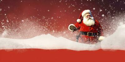 contento Santa Claus su un' rosso bandiera , nel il neve con spazio per copyspace ,generativo ai. foto