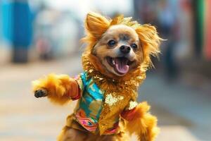 un' divertente cane nel un' multicolore costume è danza a il brasiliano carnevale ,generativo ai foto