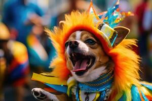 un' divertente cane nel un' multicolore costume è danza a il brasiliano carnevale ,generativo ai foto