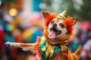un' divertente cane nel un' multicolore costume è danza a il brasiliano carnevale ,generativo ai foto