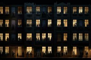 appartamenti con sagome di persone nel il finestre a notte. ,generativo ai foto
