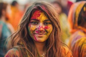 bellissimo donna a holi Festival con colorato dipingere su viso, generativo ai foto