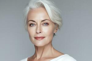 ritratto medio 50s anziano donna pubblicità facciale anti invecchiamento sollevamento prodotti salone cura serrare pelle isolato su bianca, generativo ai. foto