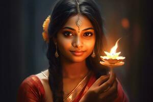 bellissimo indiano ragazza, Tenere Diwali candela, indù Festival di luce. generativo ai foto