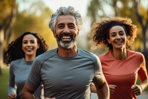 gruppo di amici jogging insieme a città parco, generativo ai. foto