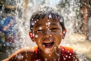 vicino su ragazzo è su giocando acqua , Songkran acqua Festival Tailandia ,generativo ai foto