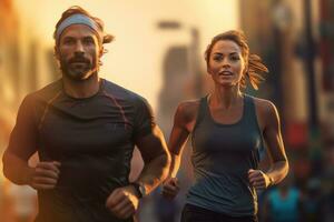 coppia di adulti su un' mattina correre, generativo ai. foto