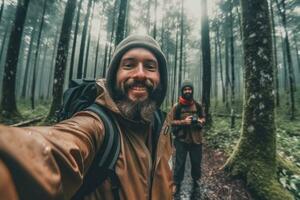 viaggio blogger uomo assunzione autoscatto , il trekking e le riprese nel destinazione foresta.generativa ai. foto