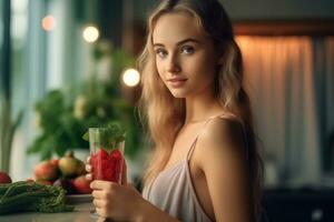 giovane donna preparazione un' salutare frullato nel il cucina,generativa ai. foto