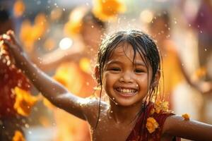 un' bambino ragazza bellissimo è su vacanza Songkran acqua Festival thailandia,generativo ai foto