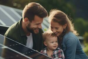 un' famiglia con solare pannello su un' soleggiato giorno, verde alternativa energia concetto, generativo ai. foto