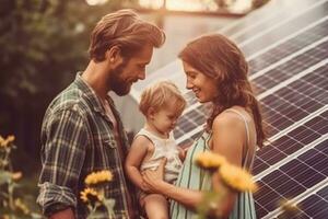 un' famiglia con solare pannello su un' soleggiato giorno, verde alternativa energia concetto, generativo ai. foto