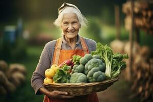 anziano biologico contadino Tenere appena raccolto verdure su sua azienda agricola, generativa ai. foto