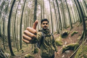 viaggio blogger uomo assunzione autoscatto , il trekking e le riprese nel destinazione foresta.generativa ai. foto