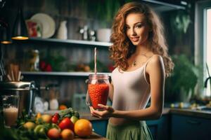 giovane donna preparazione un' salutare frullato nel il cucina,generativa ai. foto