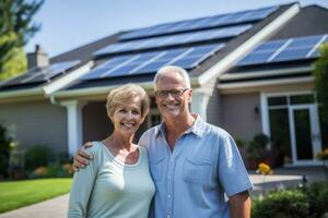 contento anziano coppia sta sorridente di un' Casa con solare pannelli installato, generativo ai. foto