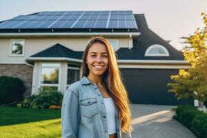 contento giovane donna sta sorridente di un' Casa con solare pannelli installato, generativo ai. foto