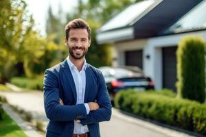 contento giovane uomo d'affari sta sorridente di un' Casa con solare pannelli installato, generativo ai. foto