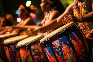 carnevale musica giocato su batteria di coloritamente vestito musicisti ,generativo ai foto