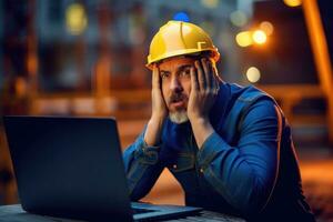 un' ingegnere uomo stressato , infelice triste , sfondo a Lavorando luogo , generativo ai. foto