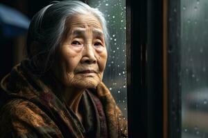 anziano Asia donna triste e depresso guardare su di il finestra con gocce di pioggia su il bicchiere finestra su un' piovoso giorno ,generativo ai. foto