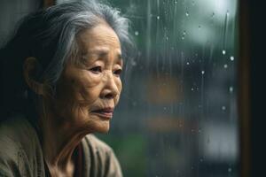 anziano Asia donna triste e depresso guardare su di il finestra con gocce di pioggia su il bicchiere finestra su un' piovoso giorno ,generativo ai. foto