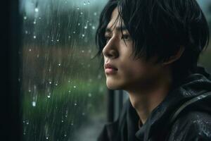 Asia giovane uomo triste di sedersi su il bordo il finestra con gocce di pioggia su il bicchiere finestra su un' piovoso giorno ,generativo ai. foto