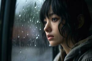 Asia giovane donna triste di sedersi su il bordo il finestra con gocce di pioggia su il bicchiere finestra su un' piovoso giorno ,generativo ai. foto