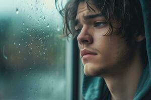 un' giovane uomo triste di sedersi su il bordo il finestra con gocce di pioggia su il bicchiere finestra su un' piovoso giorno ,generativo ai. foto