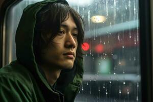 Asia giovane uomo triste di sedersi su il bordo il finestra con gocce di pioggia su il bicchiere finestra su un' piovoso giorno ,generativo ai. foto