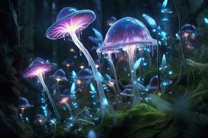 un' bioluminescente alieno cristallo foresta con fiori, bioluminescente carnivoro impianti, ai generativo foto