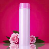 amazon Prodotto immagine corpo lavare, cilindro bottiglia solido colore rosa sfondo, con Rose, ai generativo foto