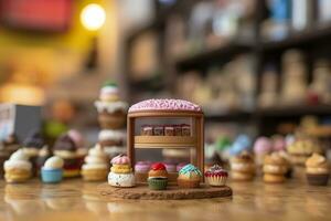 un' gusto di dolcezza. un' pop mercato blindbox torta negozio con un' pulito sfondo. ai generativo foto