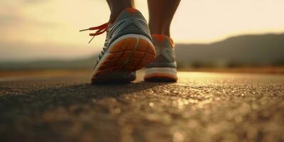 vicino su su il scarpa, corridore atleta piedi in esecuzione su il strada sotto luce del sole nel il mattina. ai generativo foto